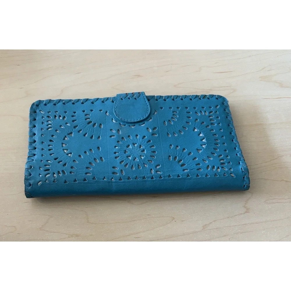 Anthropologie Cleobella Mexicana Leather Cut-Out Wallet Women OS Teal Blue Boho